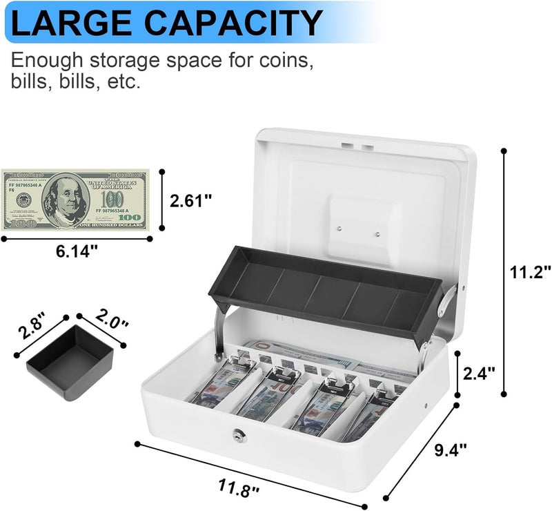 Sgorlds Cash Box Key Lock on Side, Cash Box with Money Tray & Key Lock 4 Bill 5 Coin Slots,Large Safe Lock Box with Key,Metal Money Saving Organizer for Security 11.8L x 9.5W x 3.5H Inches, White - Image 4